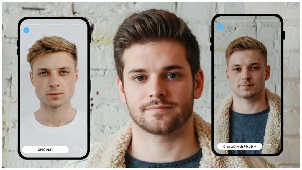 Retrato de un hombre con una chaqueta vaquera de borrego sosteniendo un teléfono, mostrando un resultado de intercambio facial limpio y natural. Ejemplo ideal de una foto realista generada por IA para demostrar la calidad del intercambio facial en iPhone. Esto es para demostrar cómo realizar un intercambio facial en iPhone usando el PiktID.
