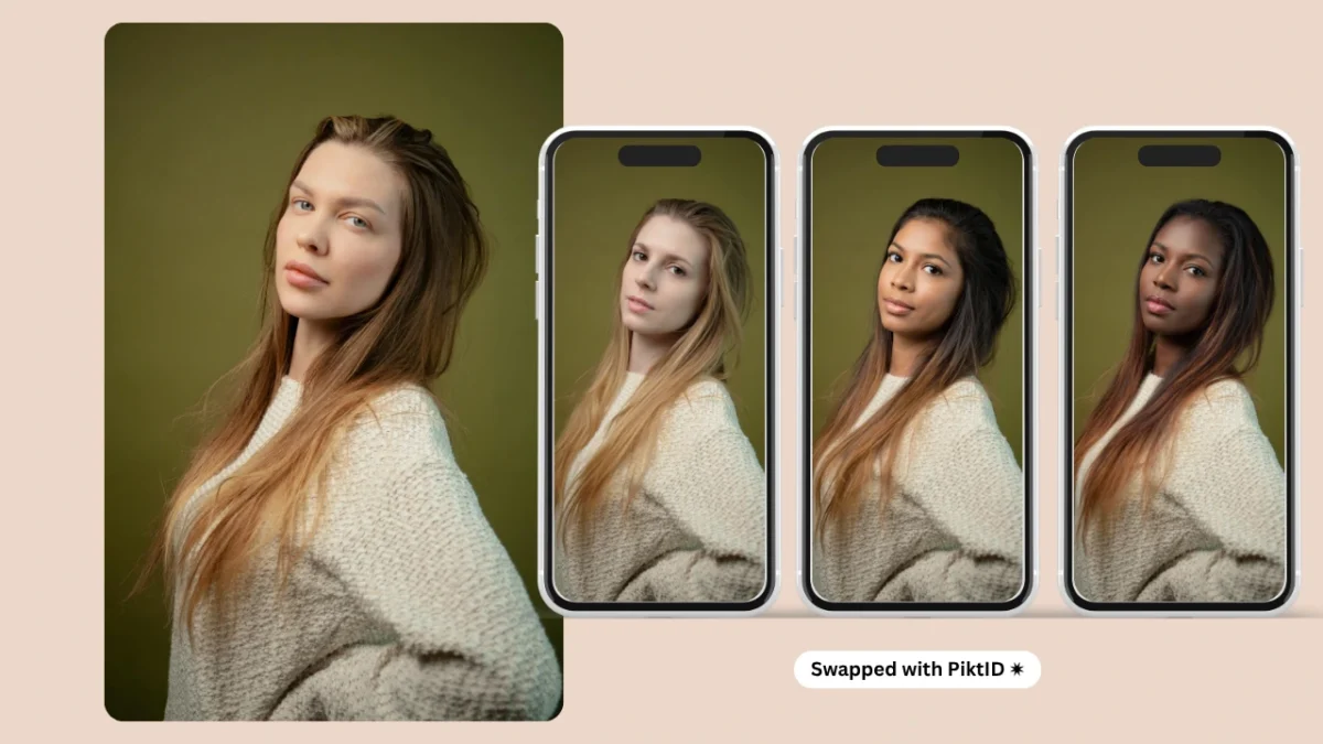 Tres iPhones con la imagen de una mujer con suéter blanco tras el intercambio de rostros mediante IA, destacando la alta fidelidad de la fusión facial del PiktID. Se utilizó como imagen principal para mostrar cómo realizar el intercambio de rostros en el iPhone.