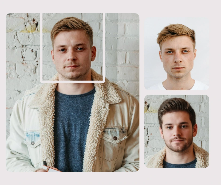 Un hombre con una chaqueta de borrego muestra un tutorial de intercambio de rostros con dos resultados alternativos. La imagen muestra cómo intercambiar rostros en un iPhone para crear versiones naturales de diferentes rostros masculinos.