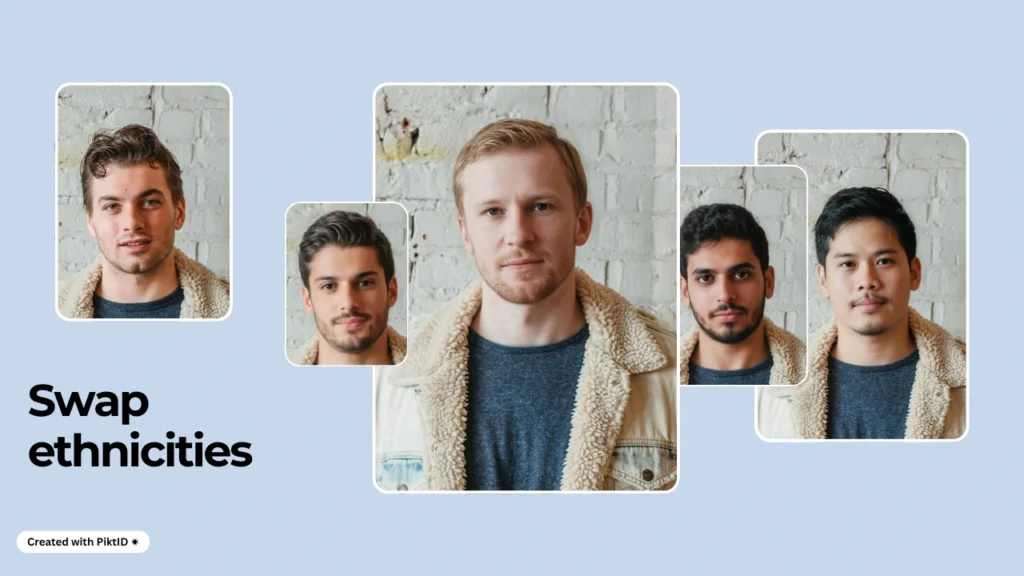 Múltiples retratos del mismo hombre con una chaqueta de borrego y diferentes rasgos faciales, que demuestran la diversidad étnica al intercambiar rostros. Creado con PiktID para mostrar una tecnología de intercambio facial por IA inclusiva y realista.
