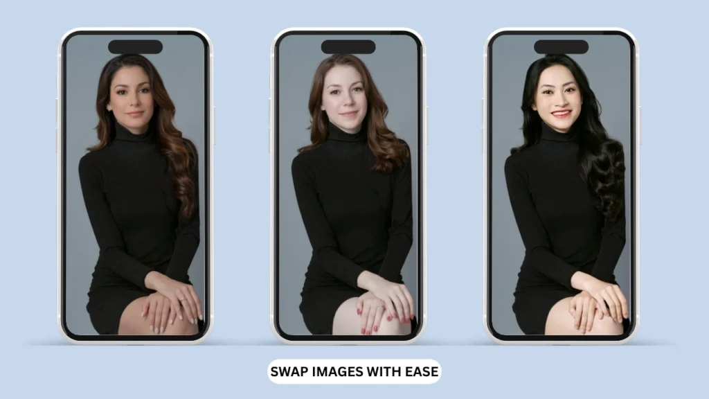 Tres iPhones muestran a una mujer con un vestido negro con diferentes rostros intercambiados, promocionando la función "Intercambia imágenes fácilmente". Representa la sustitución facial fluida mediante IA para fotos de retrato en iPhone.