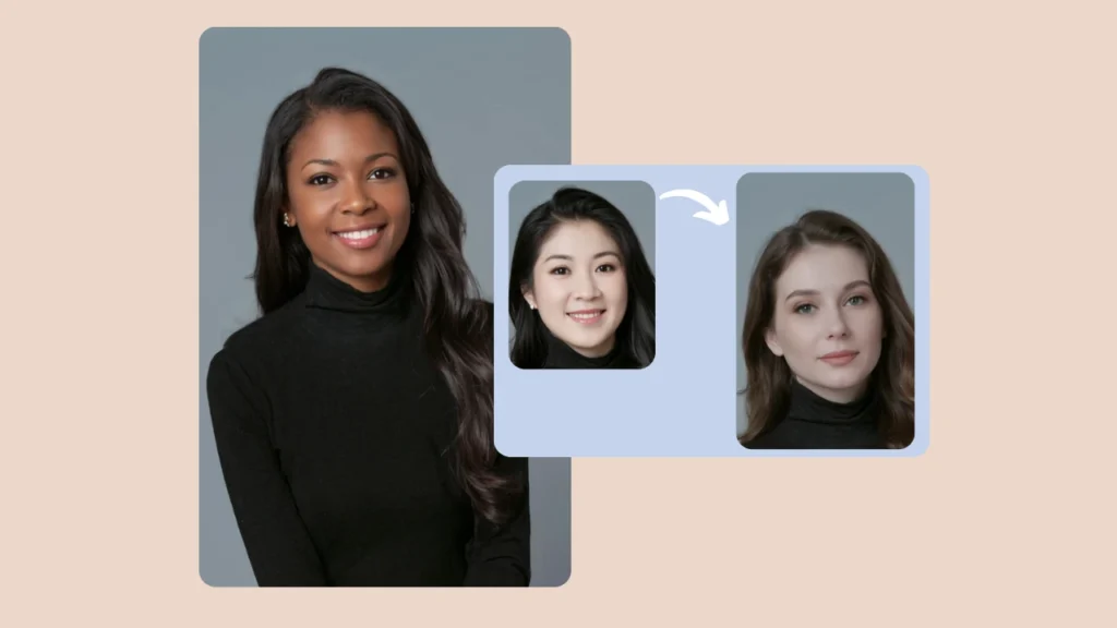 Collage de imágenes que muestra el retrato de una mujer intercambiado con otros dos usando PiktID. Ilustra una función sencilla de arrastrar y soltar para intercambiar rostros en fotos para uso creativo o profesional.