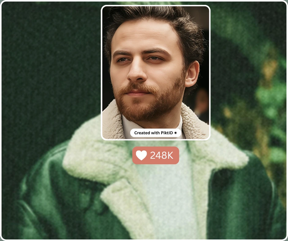 Enhanced portrait of a man with a beard and winter jacket created with PiktID, showing crisp facial features and vibrant tones. The image includes a like counter, demonstrating social media engagement after upscaling.