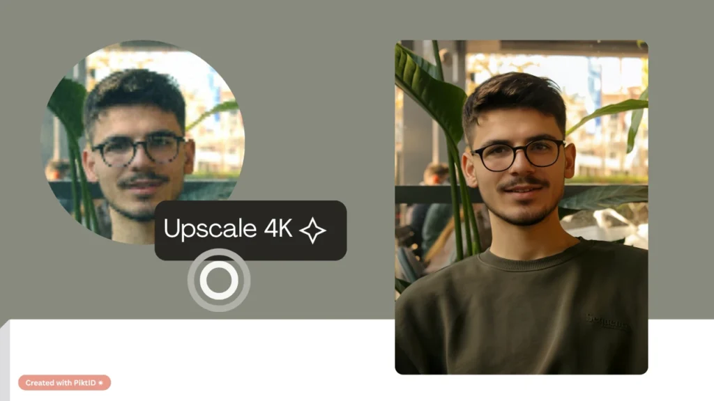 Before-and-after upscaling of a young man wearing glasses, upgrading from a pixelated photo to a vibrant 4K portrait. Demonstrates AI technology improving clarity, color, and facial sharpness.