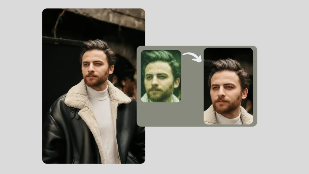 AI-enhanced transformation of a man in a leather jacket, showing his low-quality image upgraded to a crisp, detailed portrait. Perfect example of high-resolution upscaling for professional photos.