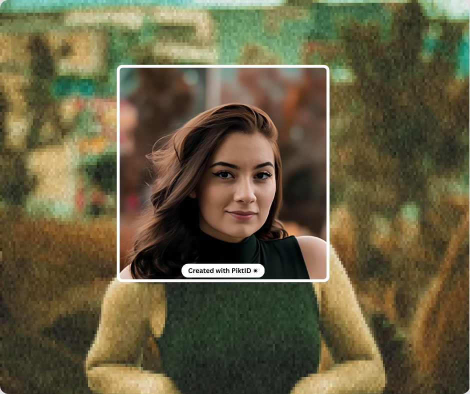 Enhanced portrait of a woman in a black top, showing a dramatic improvement from a grainy before image to a sharp upscale created with PiktID for our guide about how to improve resolution of a photo. The after image features realistic skin tones, crisp textures, and a vibrant background.