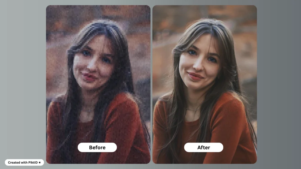 Side-by-side before and after comparison showing a pixelated low-quality photo enhanced into a sharp, high-resolution portrait using AI upscaling. AI image enhancement improves clarity, facial details, and texture for a realistic result.