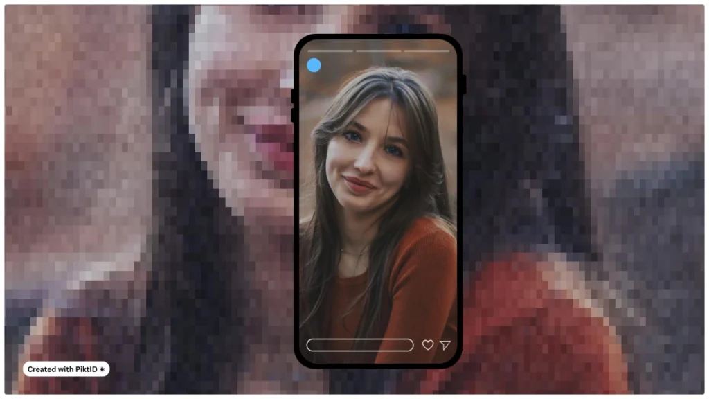 Blurry portrait on a phone screen transformed into a crisp and clear high-resolution image using AI photo upscaling. Demonstrates how to increase pixels on a photo for mobile social media quality improvement.