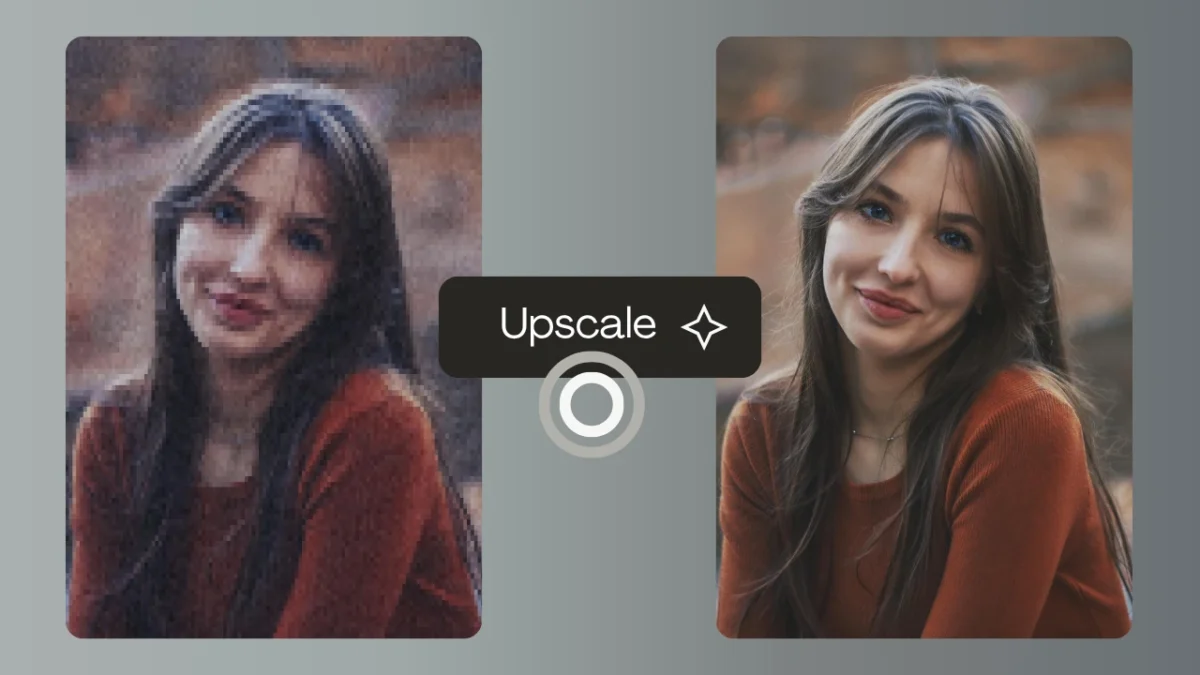 Before-and-after photo upscaling visual showing a grainy portrait enhanced into a clean, detailed image with AI. Best example of boosting photo resolution and sharpening pixels for professional output.