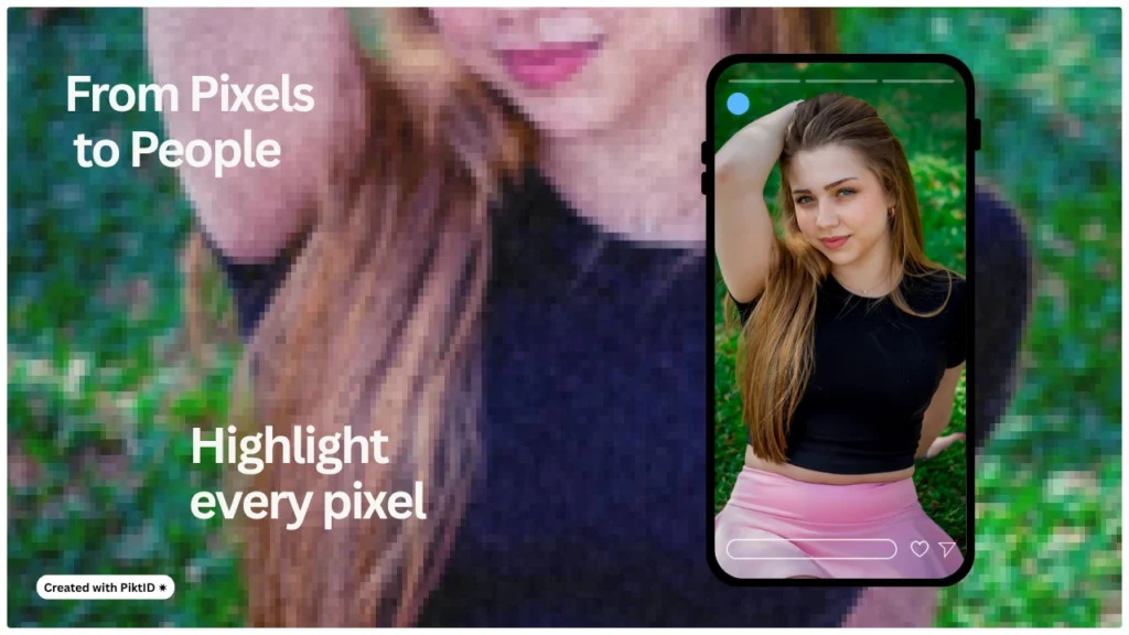 Pixelated portrait converted into a lifelike clear photo inside a smartphone frame, emphasizing AI pixel restoration. Concept image highlighting how to turn low-quality images into sharp, high-detail photos.
