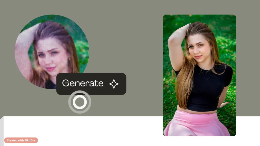 Zoomed-in pixelated face enhanced into a smooth, realistic high-resolution portrait using AI photo generation after reading about how to increase pixels on a photo. Showcases PiktID’s ability to recreate missing details and upscale images for better clarity.