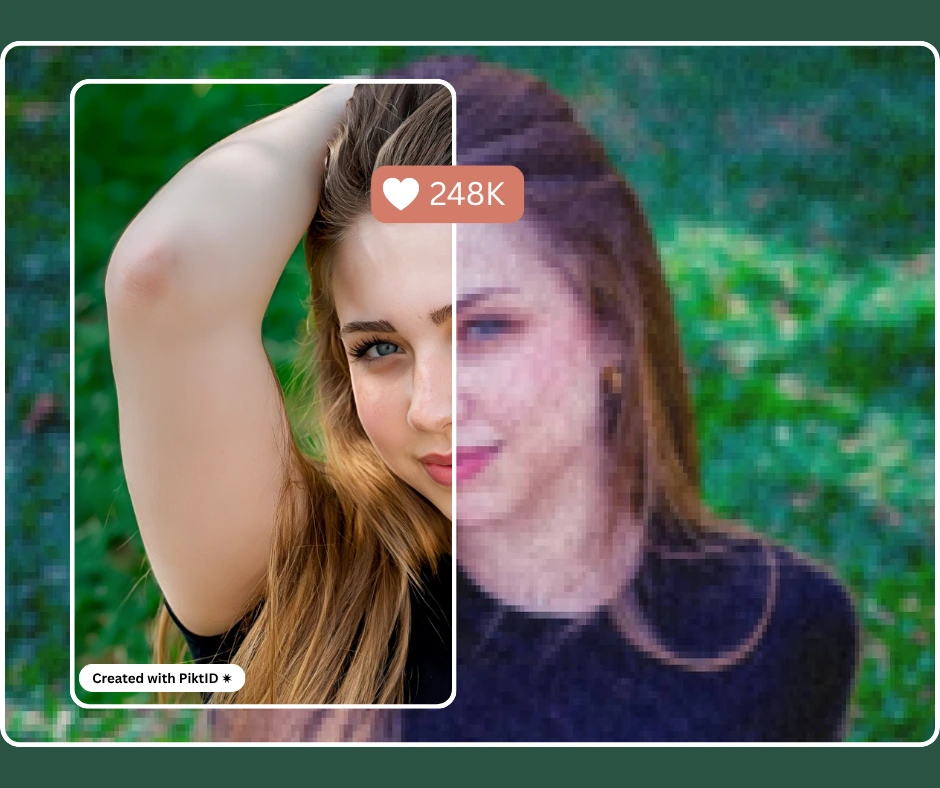 Side-by-side image showing a blurry, low-resolution photo transformed into a clear HD portrait of a woman outdoors. The PiktID AI upscale tool demonstrates dramatic improvement in photo quality and clarity. Created for the blog how to increase pixels on a photo.