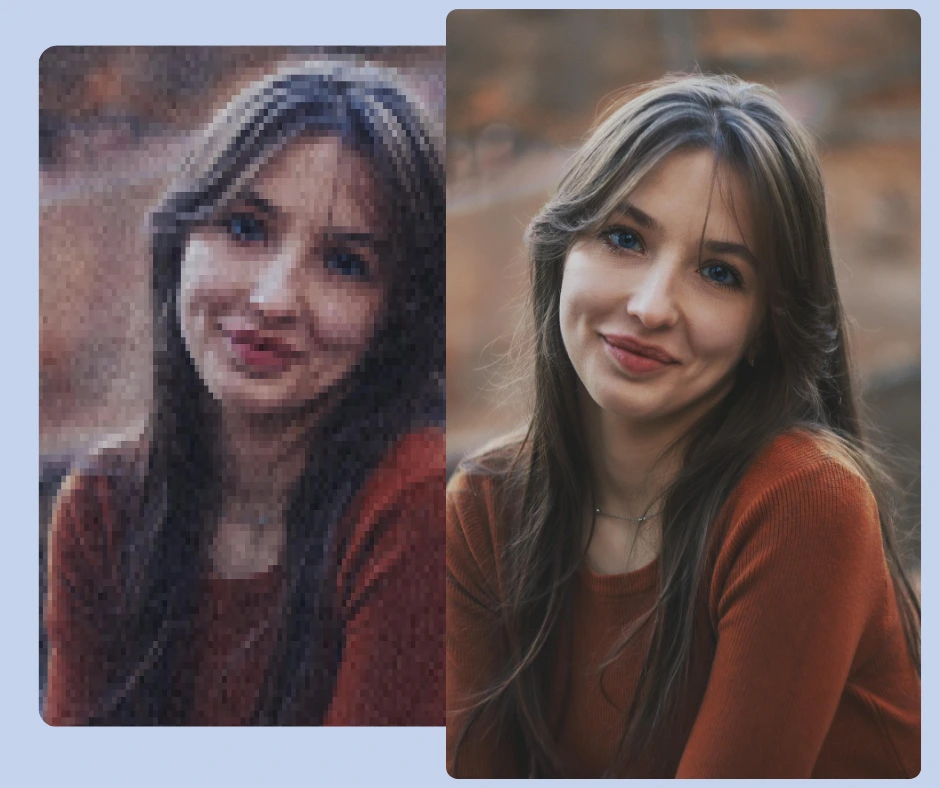 Before-and-after image upscaling comparison: pixelated photo on the left and a sharp, realistic portrait on the right. Advanced AI enhances facial features, lighting, and texture for professional-quality results.