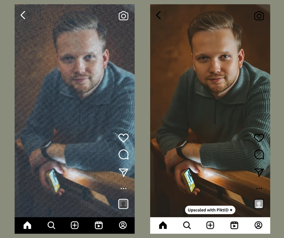 AI image upscaling example showing a blurred photo on a social media feed improved into a crisp, high-resolution portrait of a man. The enhanced version highlights smoother skin tones, sharper details, and vibrant colors. Learn from our guide about how to increase pixels on a photo.