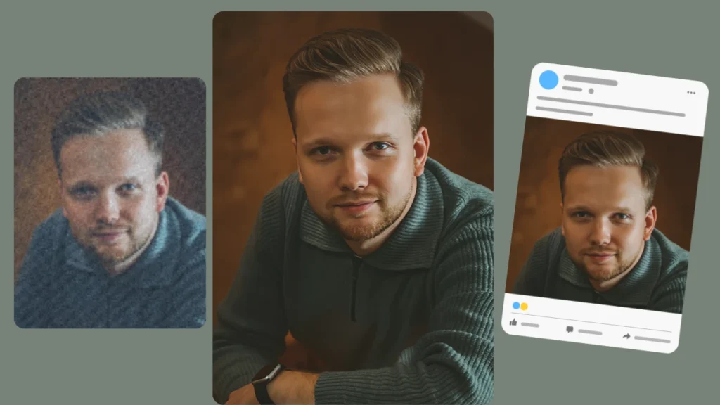 Low-resolution portrait of a man enhanced into a sharp, studio-quality image suitable for social media and professional use. AI upscaling improves skin texture, lighting, and background sharpness.