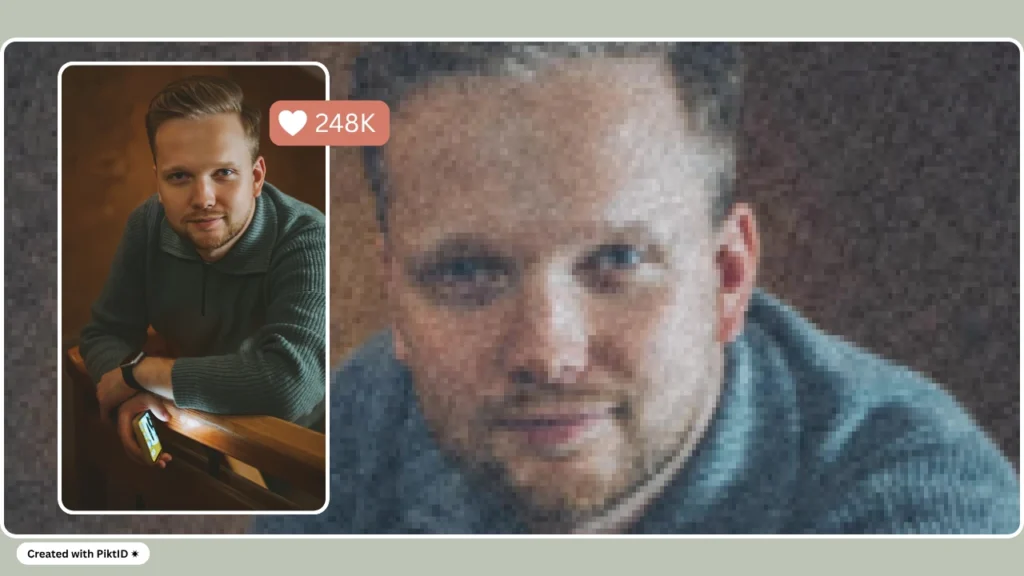 Side-by-side preview of a blurry male portrait upgraded into HD quality using AI photo upscaling. Demonstrates resolution improvement and detail enhancement for better digital presentation.