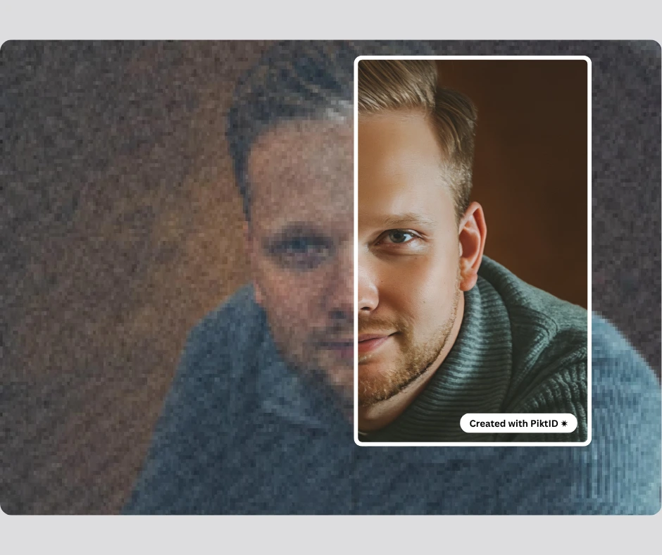 AI portrait enhancement transforming a grainy image into a sharp, realistic close-up of a man's face. The comparison showcases detail recovery, improved lighting, and natural skin tones.
