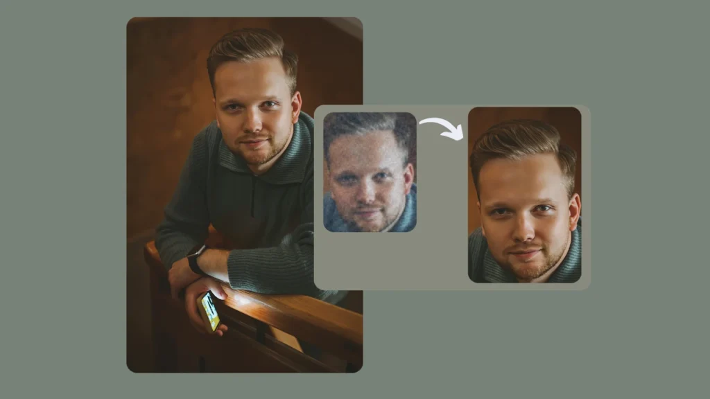 Pixelated close-up photo transformed into a crisp and high-detail portrait using PiktID AI upscaling. Perfect example of boosting pixel count and image clarity for sharper face details.