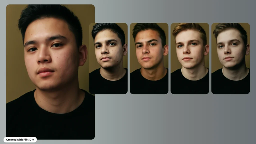 A collage of AI-generated face swaps with five male portraits comparing different facial transformations. The image highlights smooth blending, realistic lighting, and advanced face-swap accuracy for content creators.