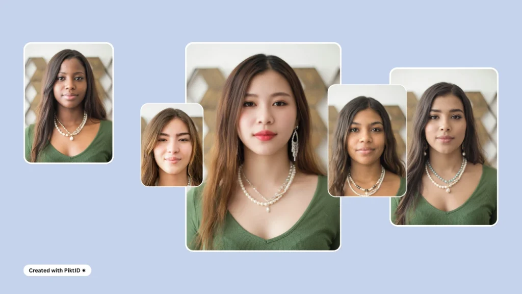 Portrait collage featuring women with various face-swap transformations created using PiktID. The results preserve natural expressions, jewelry details, and consistent lighting ideal for e-commerce or fashion imagery.