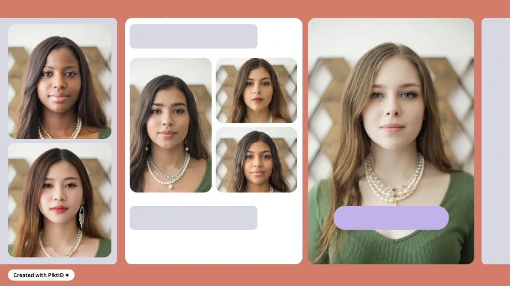 A creative grid of female face-swap portraits demonstrating realistic AI edits for beauty and fashion content. The images show smooth blending and natural complexion matching across multiple face variations.