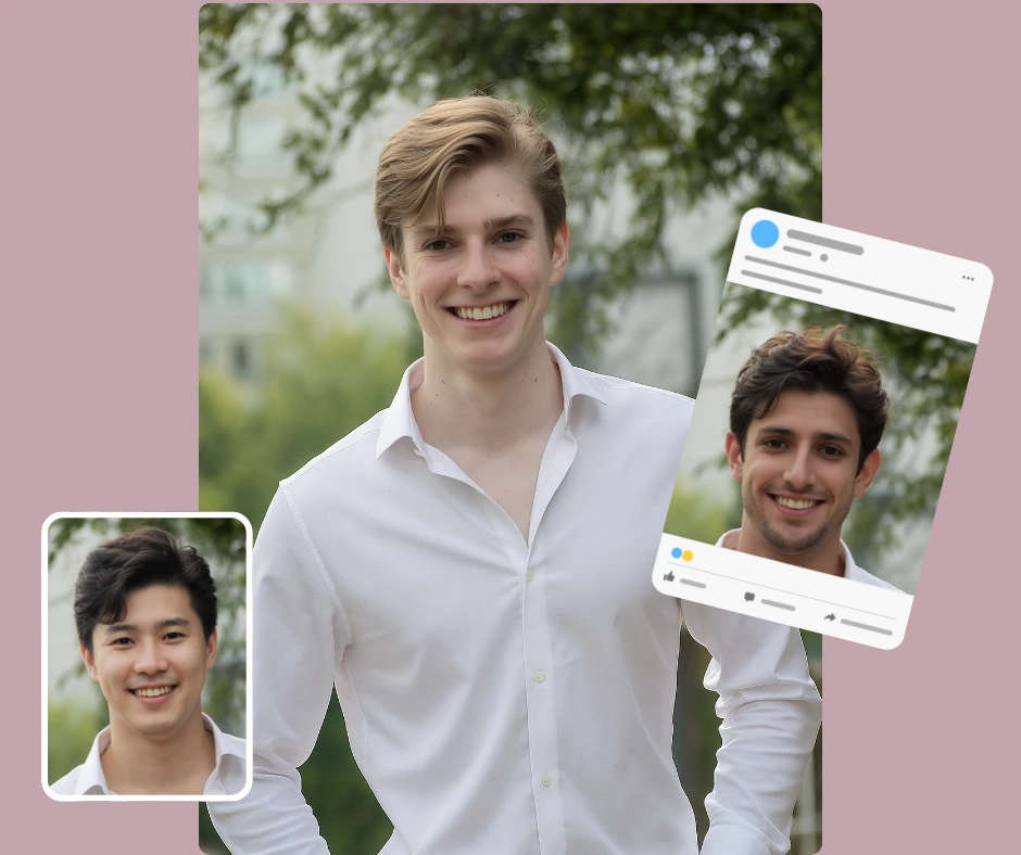 Smiling young man outdoors in a white shirt with two social-media style preview frames showing swapped faces. Demonstrates how to swap faces in photos using AI with natural backgrounds and professional lighting.