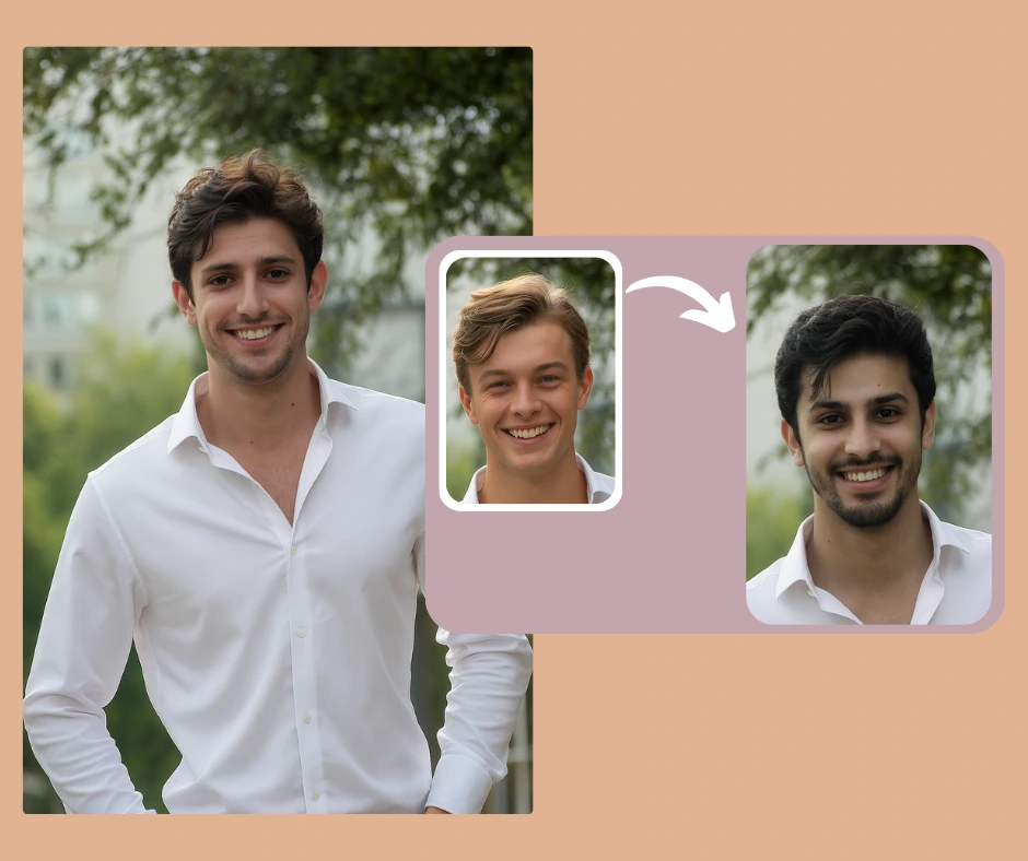 Young man posing outside in a white shirt with two comparison images showing his face swapped with two other male faces. Example of high-quality AI face transformation with natural lighting and seamless facial features.