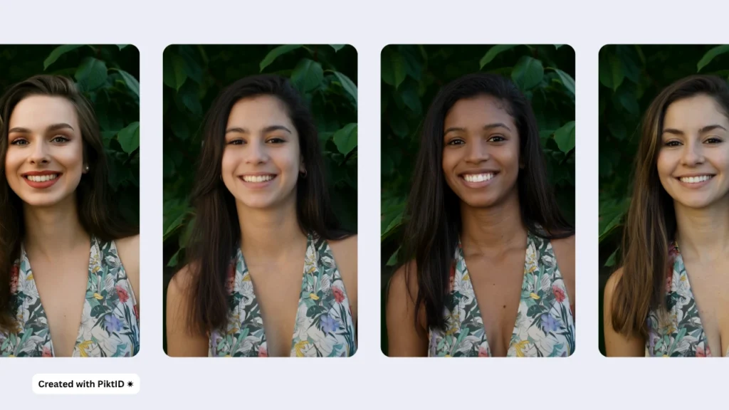 Quattro ritratti di una donna sorridente con un top floreale, che mostrano un realistico cambiamento del volto generato dall'intelligenza artificiale nei diversi individui, con espressioni e illuminazione corrispondenti.