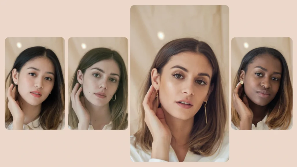 Quattro donne posano con luci e abiti simili, evidenziando le trasformazioni di scambio di identità tramite intelligenza artificiale per ritratti professionali o per l'uso sui social media.