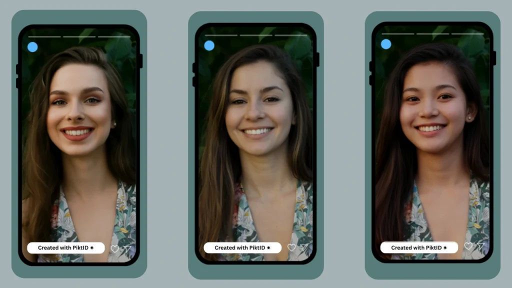 Esempio di scambio di identità tramite intelligenza artificiale che mostra ritratti prima e dopo di una donna bruna con un maglione blu, illustrando come i tratti del viso si trasformino senza soluzione di continuità.