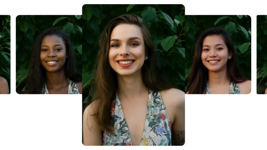 Una giovane donna con un maglione blu mostra i risultati dello scambio di identità tramite intelligenza artificiale, con un inserto che mostra come il suo volto è stato sostituito con un'altra variante realistica dell'identità.