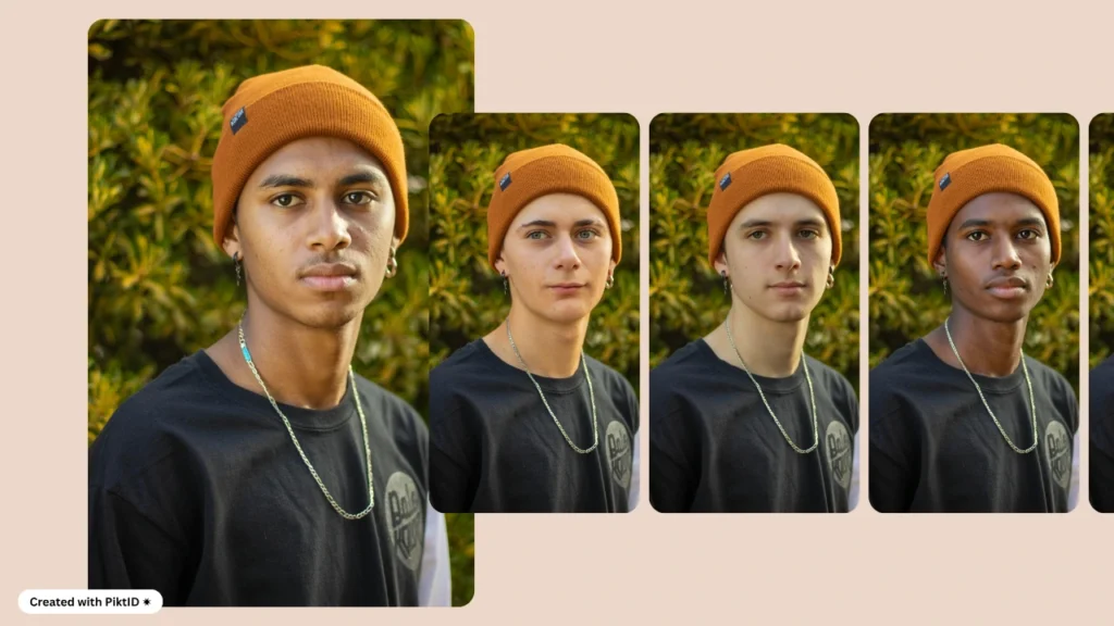Quattro giovani uomini con berretti arancioni e camicie scure sono ritratti con identità modificate tramite intelligenza artificiale, a dimostrazione delle trasformazioni multietniche nella fotografia ritrattistica.