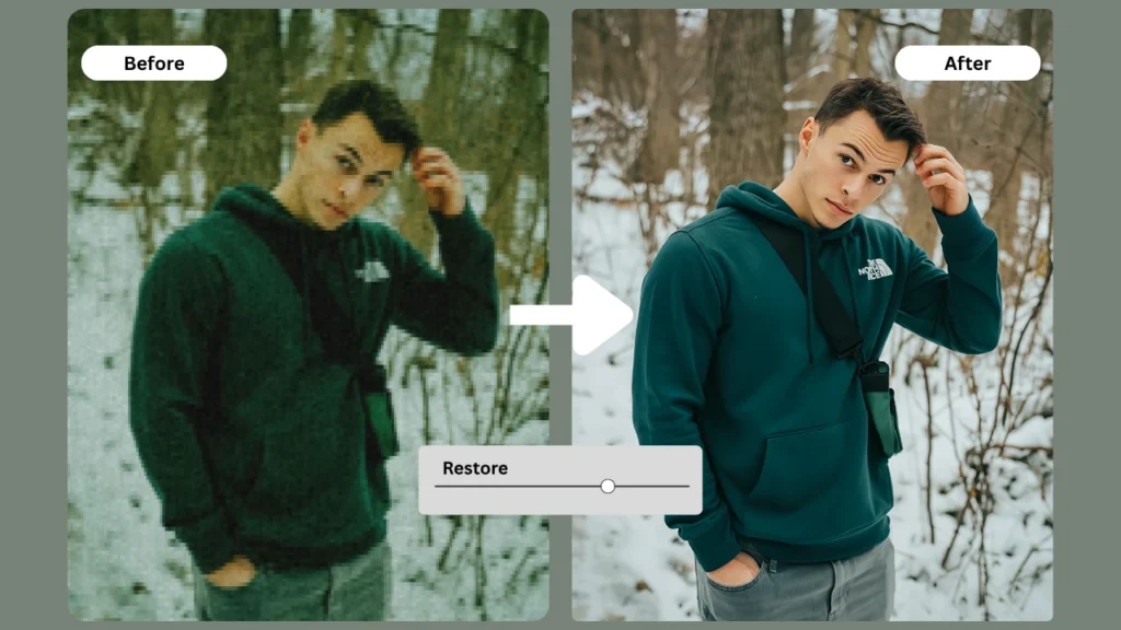 Un confronto affiancato che mostra un giovane uomo con una felpa verde, ripristinato da un'immagine sfocata e pixelata a un ritratto nitido e ad alta risoluzione utilizzando l'upscaler AI di PiktID. Viene mostrata la differenza di qualità "prima" e "dopo" con un cursore di ripristino per una maggiore chiarezza visiva.