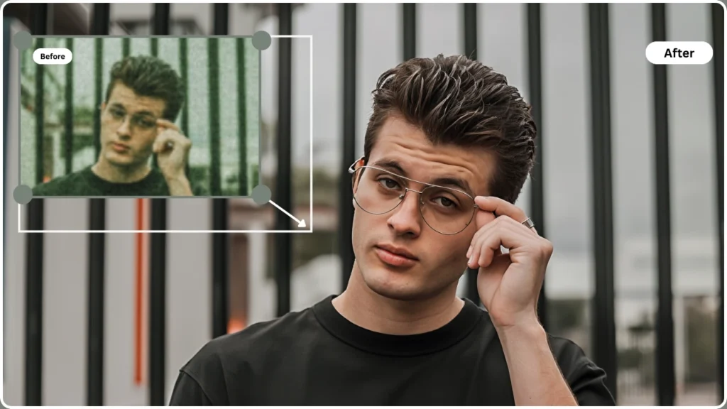 Trasformazione ravvicinata di un uomo con gli occhiali, in cui il miglioramento AI 4K di PiktID converte una foto granulosa e di bassa qualità in un ritratto nitido e dettagliato. Evidenzia la precisione nei dettagli del viso e il ripristino delle texture.