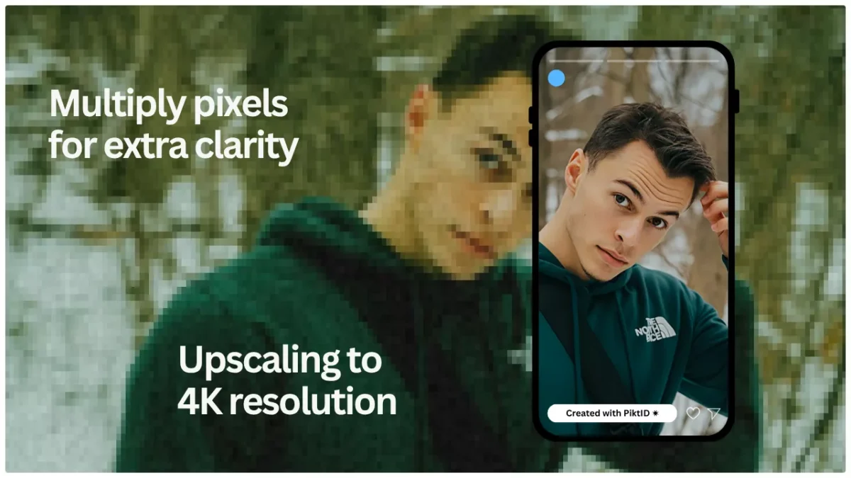 Immagine promozionale che mostra come PiktID moltiplica i pixel per una maggiore nitidezza e ingrandisce vecchie foto alla risoluzione 4K. Un uomo con una felpa verde viene mostrato sullo schermo di un telefono, illustrando il restauro fotografico basato sull'intelligenza artificiale per i contenuti visivi dei social media. Utilizzo di make image 4K di PiktID.