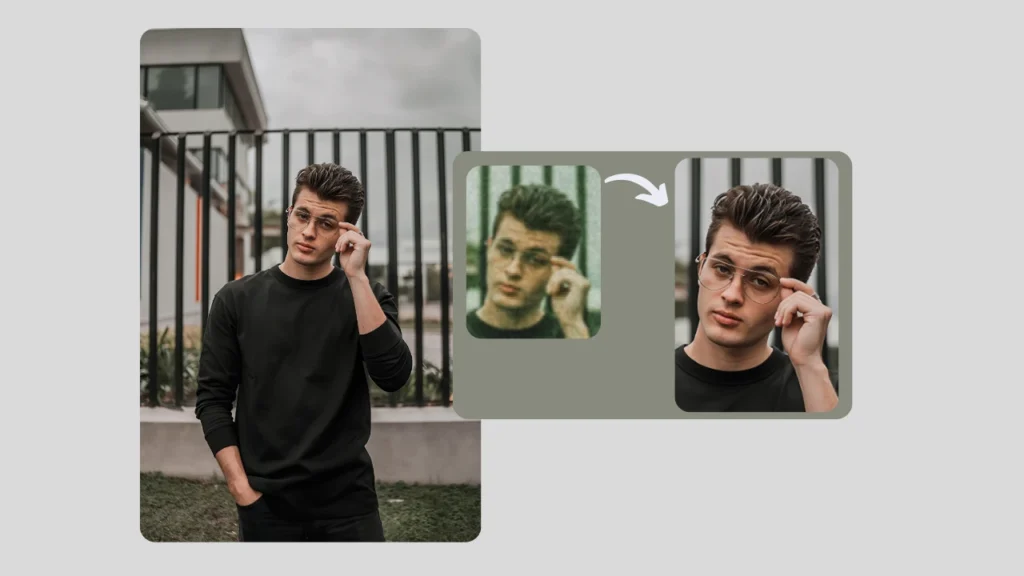 Collage prima e dopo di un giovane con occhiali che mostra il restauro fotografico tramite intelligenza artificiale. L'immagine a sinistra appare sfocata, mentre quella a destra mostra linee nitide e dettagliati dopo l'upscaling 4K con PiktID.