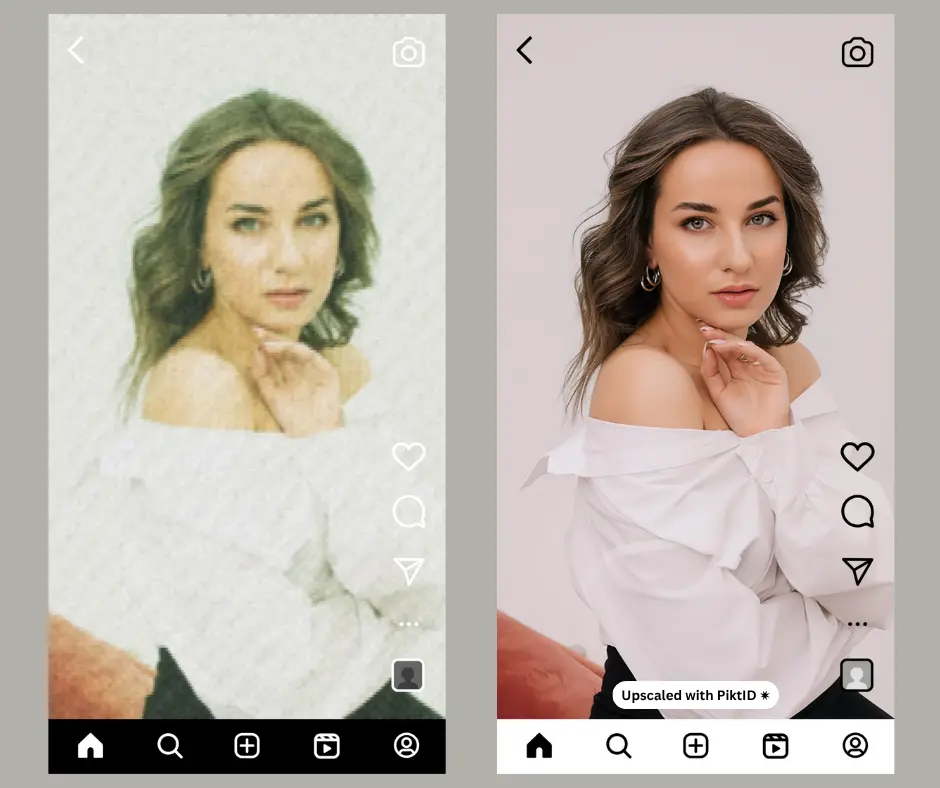 Post in stile Instagram che confronta un ritratto di bassa qualità con una versione ingrandita e ad alta definizione, migliorata con PiktID. La trasformazione mostra un tono della pelle più uniforme, una maggiore nitidezza e un contrasto più netto per la condivisione sui social media. Esegui l'upscaling con PiktID per ottenere un'immagine in 4K.