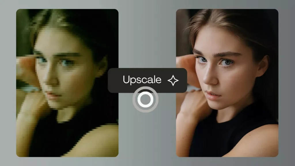 Confronto tra primi piani del volto di una donna prima e dopo l'upscaling AI. L'immagine mostra come PiktID ripristina la nitidezza, il bilanciamento del colore e la texture per migliorare la qualità del ritratto. Ottieni l'immagine in 4K utilizzando la funzione Upscaling di PiktID.