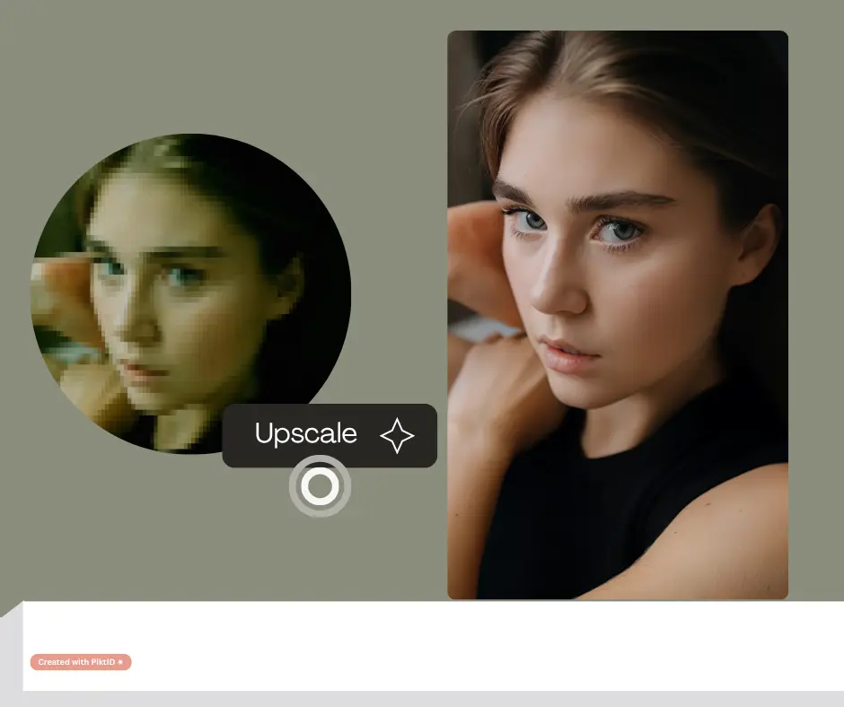 Confronto di upscaling AI con una giovane donna in abito nero, trasformata da un'immagine pixelata in un ritratto 4K dettagliato. L'immagine migliorata mette in risalto i dettagli vividi degli occhi e l'illuminazione soffusa del viso.