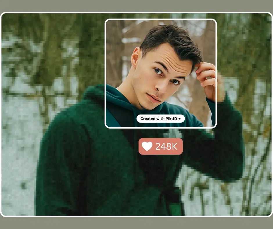 Immagine prima e dopo dell'upscaling di un giovane uomo all'aperto, creata con lo strumento di upscaler basato sull'intelligenza artificiale di PiktID. La versione migliorata mostra una messa a fuoco più nitida, tonalità della pelle più precise e uno sfondo più nitido, ideale per l'uso sui social media o da parte di influencer.