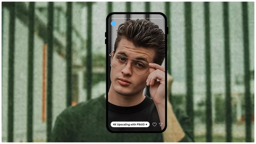 Un layout creativo che mostra l'immagine sfocata di un uomo sullo sfondo e un ritratto nitido, migliorato in 4K, all'interno della cornice di uno smartphone. Dimostra i risultati di upscaling basati sull'intelligenza artificiale di PiktID per contenuti sui social media e immagini di influencer.
