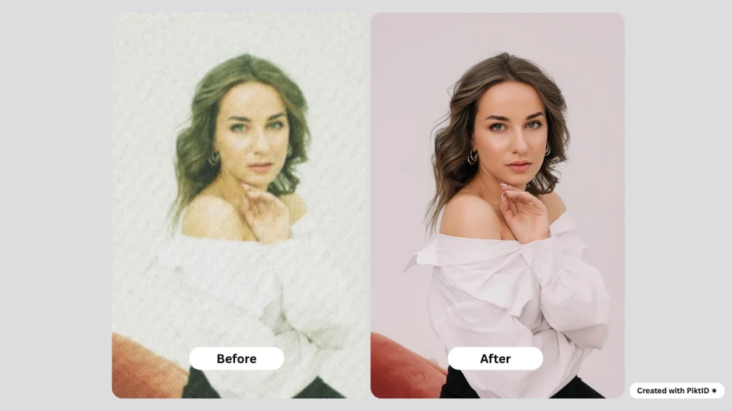 Confronto affiancato di una donna in abito bianco prima e dopo l'upscaling 4K. L'immagine a destra mostra dettagli cristallini e un'illuminazione bilanciata, ottenuti grazie al potenziatore fotografico AI di PiktID.