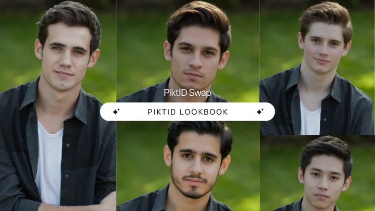 Das Bild ist eine Werbecollage für das 'PIKTID LOOKBOOK' mit fünf jungen Männern, jeweils in einem eigenen Porträtfeld, angeordnet in einem 3x2-Raster (wobei ein Feld in der untersten Reihe fehlt). Alle sind im Freien vor einem verschwommenen grünen Hintergrund zu sehen, vermutlich Gras oder Laub, was auf eine natürliche Tageslichtsituation hindeutet. Jeder Mann trägt ein dunkles Hemd über einem weißen T-Shirt. Über dem mittleren Feld befindet sich der Text 'PiktlID Swap' über einem weißen Banner mit der Aufschrift 'PIKTID LOOKBOOK', flankiert von Diamantsymbolen. Die Männer unterscheiden sich in ihren Gesichtszügen, Frisuren und Gesichtsausdrücken – von neutral bis hin zu einem leichten Lächeln – und zeigen so die Vielfalt der Looks. Der Stil ist insgesamt klar, modern und fokussiert auf die persönliche Identität oder die Technologie des Gesichtstauschs.