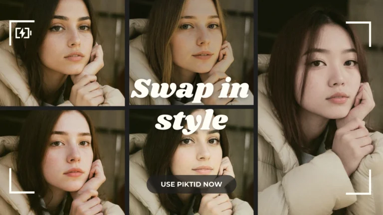 Dies ist eine Werbegrafik für die Fotobearbeitungs-App 'PIKTID', die deren Funktion 'Stil tauschen' präsentiert. Das Bild ist in fünf Bereiche unterteilt: vier kleinere Porträts verschiedener Frauen (jede mit individueller Gesichtsstruktur und ethnischer Zugehörigkeit) und ein größeres Porträt rechts. Alle Frauen tragen ähnliche beige Daunenjacken und posieren mit den Händen unter dem Kinn, den Blick direkt in die Kamera gerichtet. Im mittleren Bereich steht in großer weißer Schrift 'Stil tauschen', darunter ein Button mit der Aufschrift 'PIKTID JETZT NUTZEN'. Die Ecken des Bildes zeigen stilisierte Kamerasucher-Halterungen mit einem Blitzsymbol, das Geschwindigkeit oder Kraft symbolisiert. Die Gesamtästhetik ist warm, weich und modern und unterstreicht die Fähigkeit der App, Fotos stilistisch zu verändern.