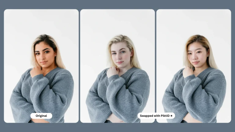 Das Bild zeigt drei nebeneinanderliegende Porträtfotos einer Frau vor einem schlichten weißen Hintergrund. Alle drei tragen denselben grauen Rippstrickpullover und posieren mit den Händen am Hals. Das linke Foto ist mit 'Original' beschriftet und zeigt eine Frau mit dunklen Haaren und dunklen Augen. Das mittlere Foto, mit der Beschriftung 'Mit PikktID getauscht', zeigt eine andere Frau mit blonden Haaren und blauen Augen. Das rechte Foto zeigt eine dritte Frau mit hellbraunen Haaren und dunklen Augen, die ebenfalls denselben Pullover trägt und ähnlich posiert. Das Bild scheint eine Funktion zum Gesichtstausch zu demonstrieren, die wahrscheinlich von einem KI-Tool stammt, wie die Beschriftung des mittleren Fotos nahelegt.