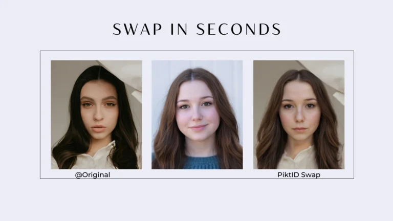 Das Bild ist eine Werbegrafik für die Gesichtstausch-Technologie 'PiktID Swap'. Es zeigt drei nebeneinanderliegende Porträtfotos derselben Frau, jeweils mit unterschiedlichen Frisuren und Gesichtsausdrücken. Das linke Foto ist mit '@Original' beschriftet und zeigt sie mit langen, dunklen, gewellten Haaren und einem neutralen Gesichtsausdruck. Auf dem mittleren Foto hat sie hellbraunes Haar, lächelt leicht und trägt einen blauen Pullover. Das rechte Foto, mit der Beschriftung 'PiktID Swap', zeigt sie mit demselben hellbraunen Haar wie das mittlere Foto, jedoch mit neutralem Gesichtsausdruck und in einem weißen Hemd. Der unterschiedliche Hintergrund jedes Fotos deutet auf verschiedene Einstellungen oder Bearbeitungen hin. Über dem Bild prangt der fettgedruckte Text 'Tauschen in Sekunden', der die Schnelligkeit und Einfachheit der Technologie hervorhebt. Das Layout ist insgesamt klar und minimalistisch gestaltet und soll den Vorher-Nachher-Effekt der Gesichtstausch-Funktion verdeutlichen.
