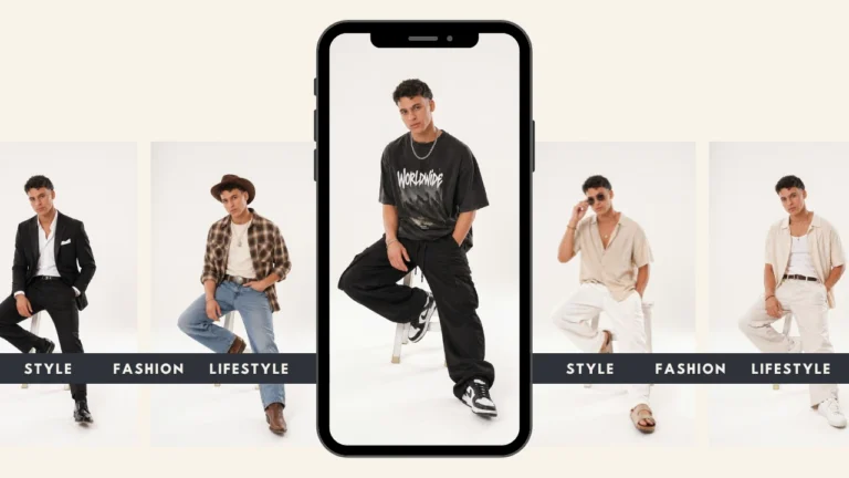 Eine Lifestyle-Modecollage zeigt ein männliches Model in verschiedenen Outfits – von formell über leger bis hin zu Streetwear. Ein Smartphone-Mockup demonstriert die Technologie zum virtuellen Anprobieren von Outfits. Ein kreatives Banner veranschaulicht KI-gestütztes Modestyling, digitale Lookbooks und die KI-gestützte Körpervisualisierung von Bekleidung (on-model).