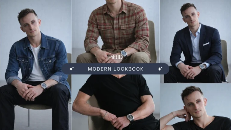 Ein Lookbook für moderne Herrenmode mit fünf unterschiedlich gestylten Porträts desselben Mannes, angeordnet in Collage-Form. Er präsentiert sich in verschiedenen lässigen und semi-formellen Outfits – darunter eine Jeansjacke über einem weißen T-Shirt, ein kariertes Hemd, ein dunkelblauer Anzug mit hellblauem Hemd, ein schwarzes V-Ausschnitt-Shirt und ein weiteres schwarzes T-Shirt, bei dem er die Hand auf den Kopf stützt. Jedes Foto hebt ein anderes Outfit hervor, wobei stets eine elegante silberne Uhr und ein schmales Armband an seinem linken Handgelenk zu sehen sind. Der schlichte, neutrale graue Hintergrund betont die Kleidung und den selbstbewussten, gelassenen Gesichtsausdruck des Models. Ein zentrales Banner mit der Aufschrift 'MODERN LOOKBOOK' und dem Markennamen 'PiktID' darüber deutet darauf hin, dass es sich um eine kuratierte Modepräsentation handelt.