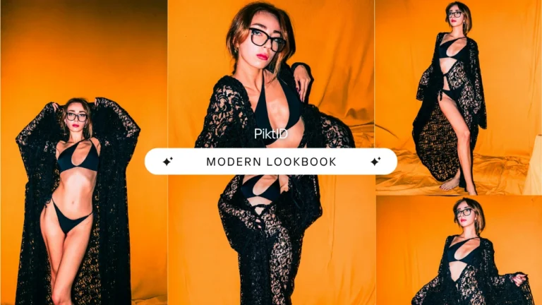 Stilisiertes Fashion-Lookbook mit einem Model in schwarzer Lingerie vor einem farbenfrohen Hintergrund, generiert mithilfe von KI. Veranschaulicht, wie man ein KI-Modell für OnlyFans zu Branding- und Kampagnenzwecken erstellt.