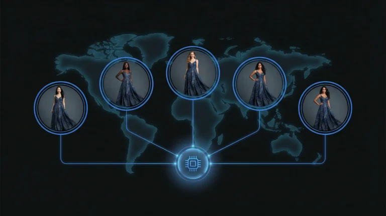 Mehrere KI-Modellidentitäten, die dasselbe Modeprodukt tragen, demonstrieren die Vielfalt des Modelltauschs.